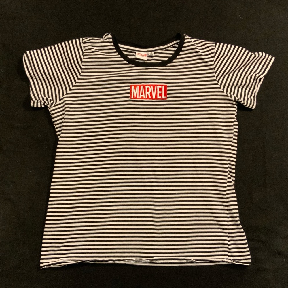 Marvel Embroidered Logo Black & White Striped T-Shirt (Large)
